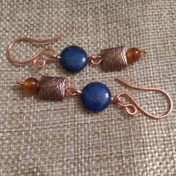 Autumn Alchemy: Copper & Lapis Coin Earrings with Russet Agate Warmth ~ Handmade - Picture 6 of 11
